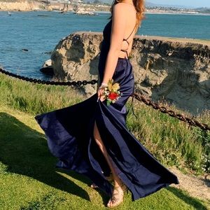 Navy Blue Satin Lace Up Formal Dress
